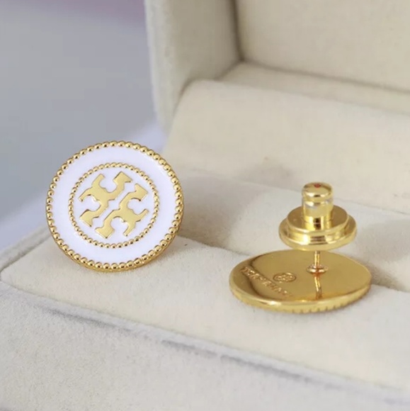 Tory Burch White & Gold Button Logo Stud Earrings - Picture 4 of 7